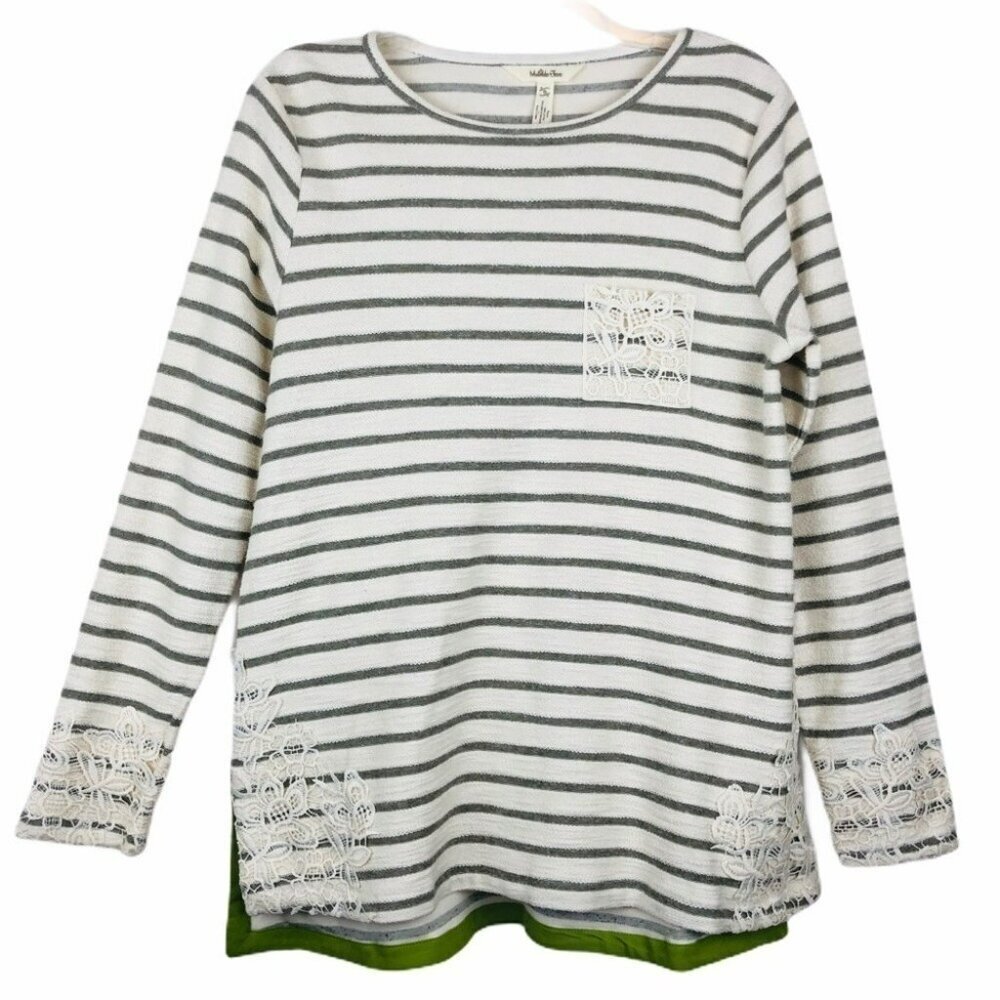 Matilda Jane Womens Tunic Top Grey Ivory Lace Trim Stripe Long Sleeve Size S